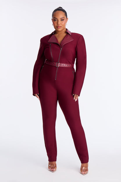 Irina Bold Bandage Moto Jumpsuit - Burgundy