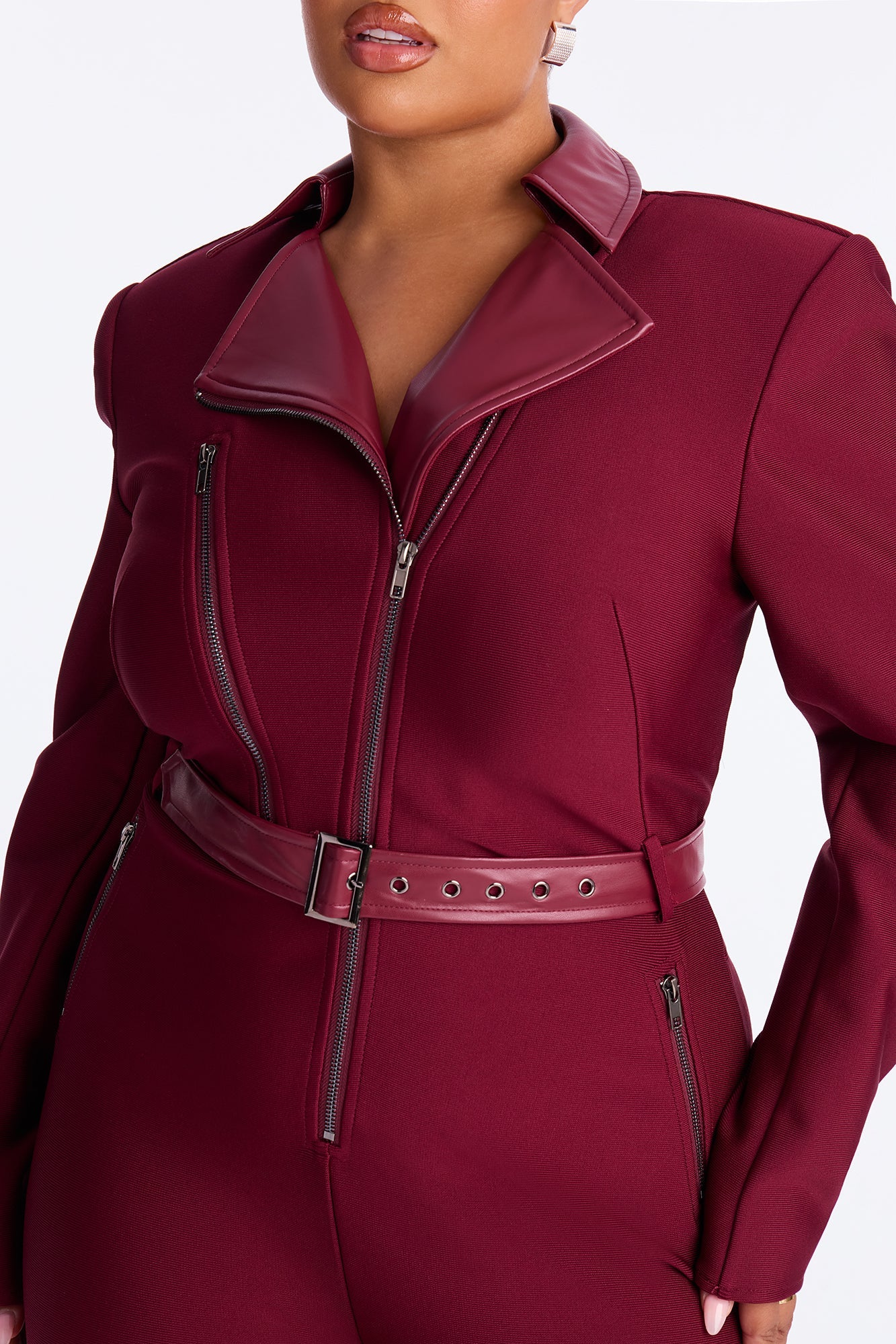Irina Bold Bandage Moto Jumpsuit - Burgundy