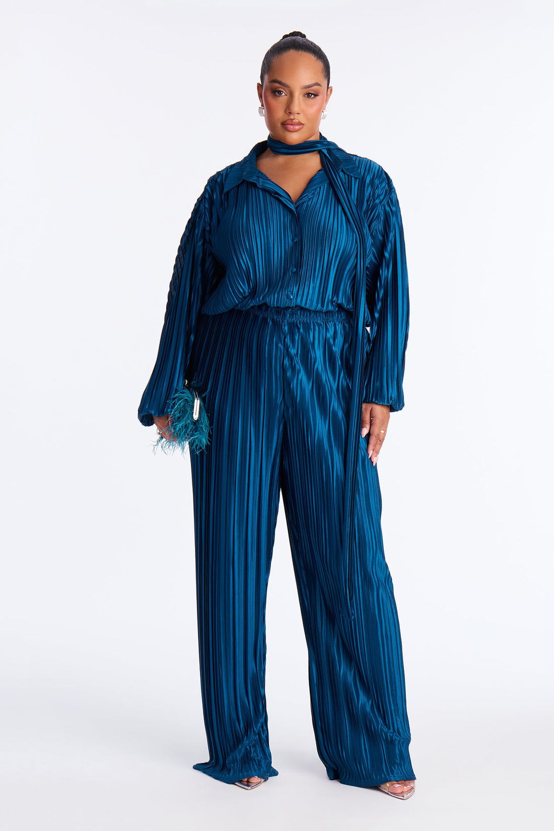 So Dramatic Satin Bodysuit 3 Piece Pant Set - Teal