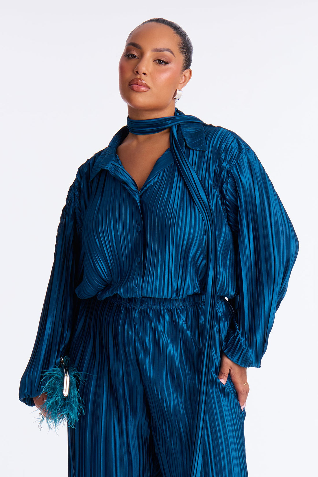 So Dramatic Satin Bodysuit 3 Piece Pant Set - Teal