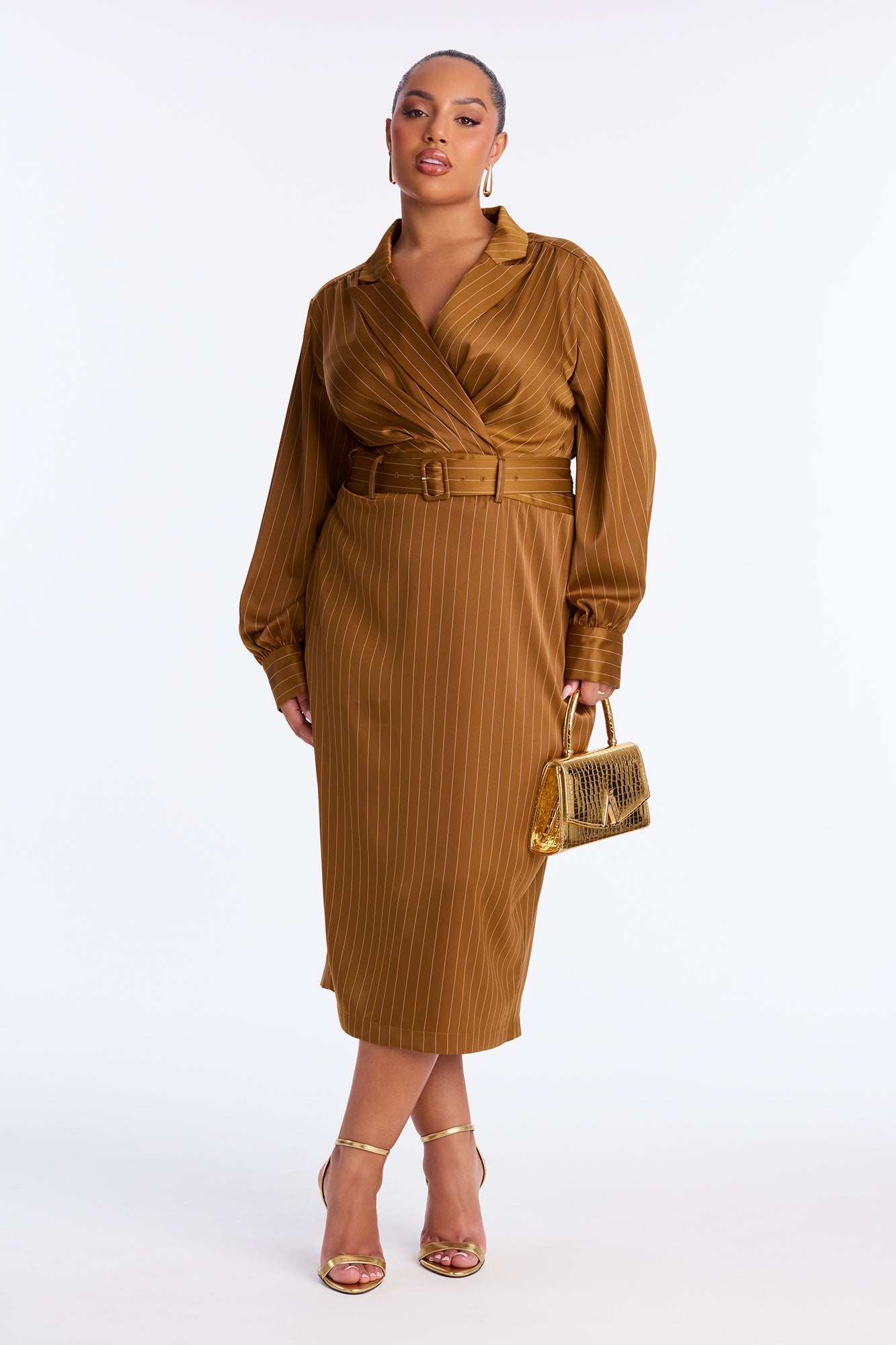 Call The Shots Belted Satin Midi Dress - Mustard