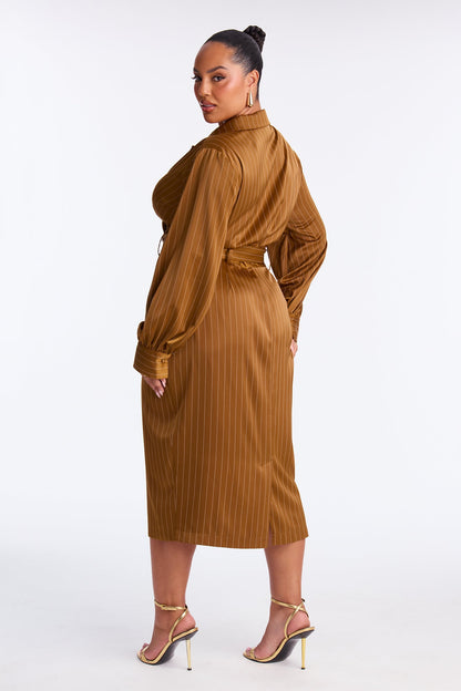 Call The Shots Belted Satin Midi Dress - Mustard