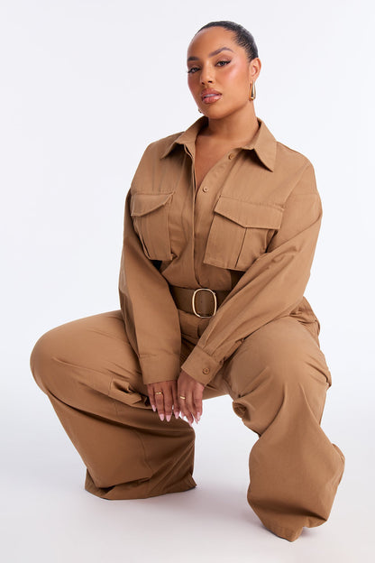 Antionette Belted Wide Leg Jumpsuit - Khaki