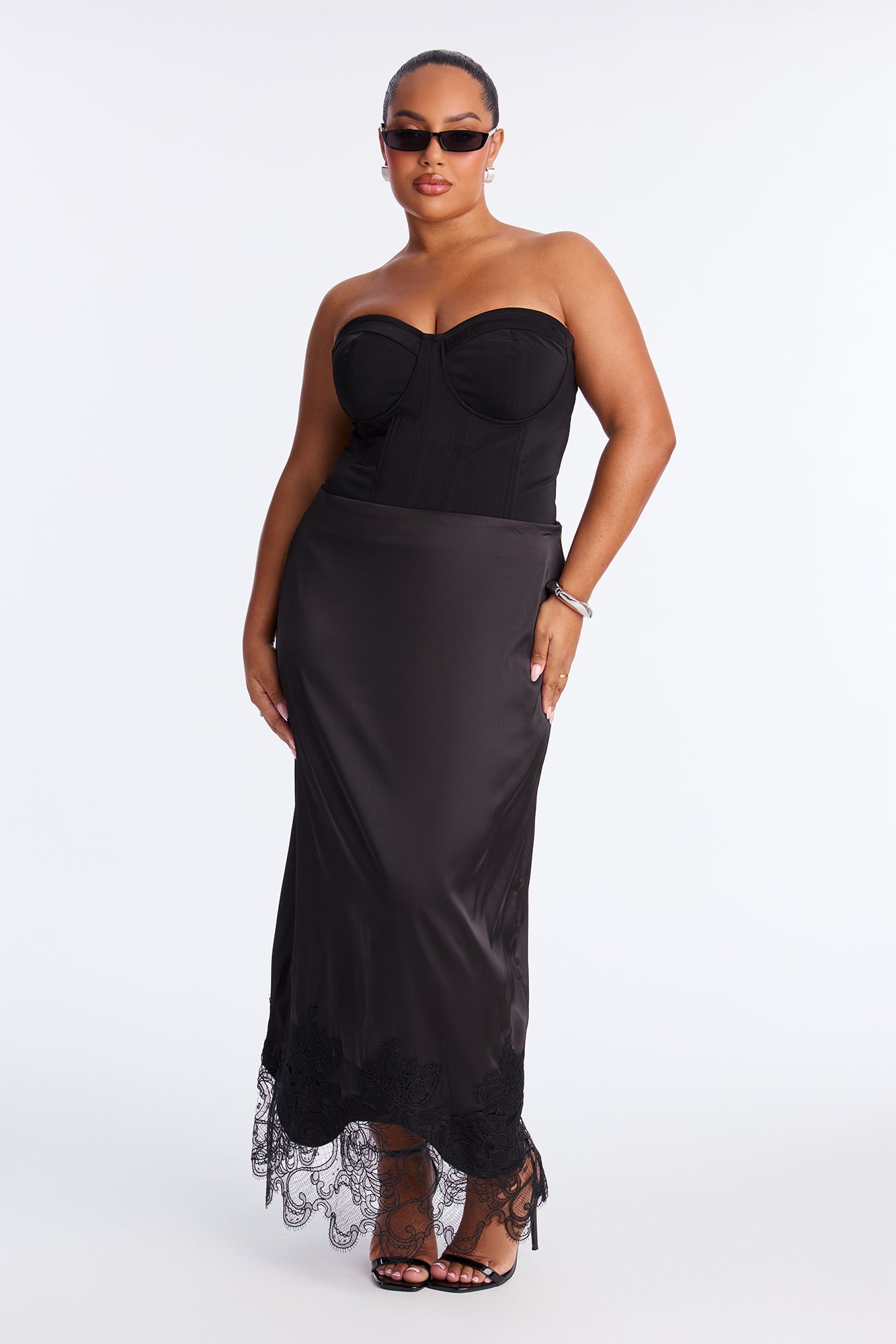 Dolled Up Lace Trim Satin Maxi Skirt - Black