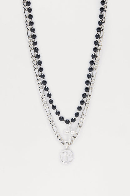 Beaded Rocker Cross Pendant Necklace Set - Silver/Combo