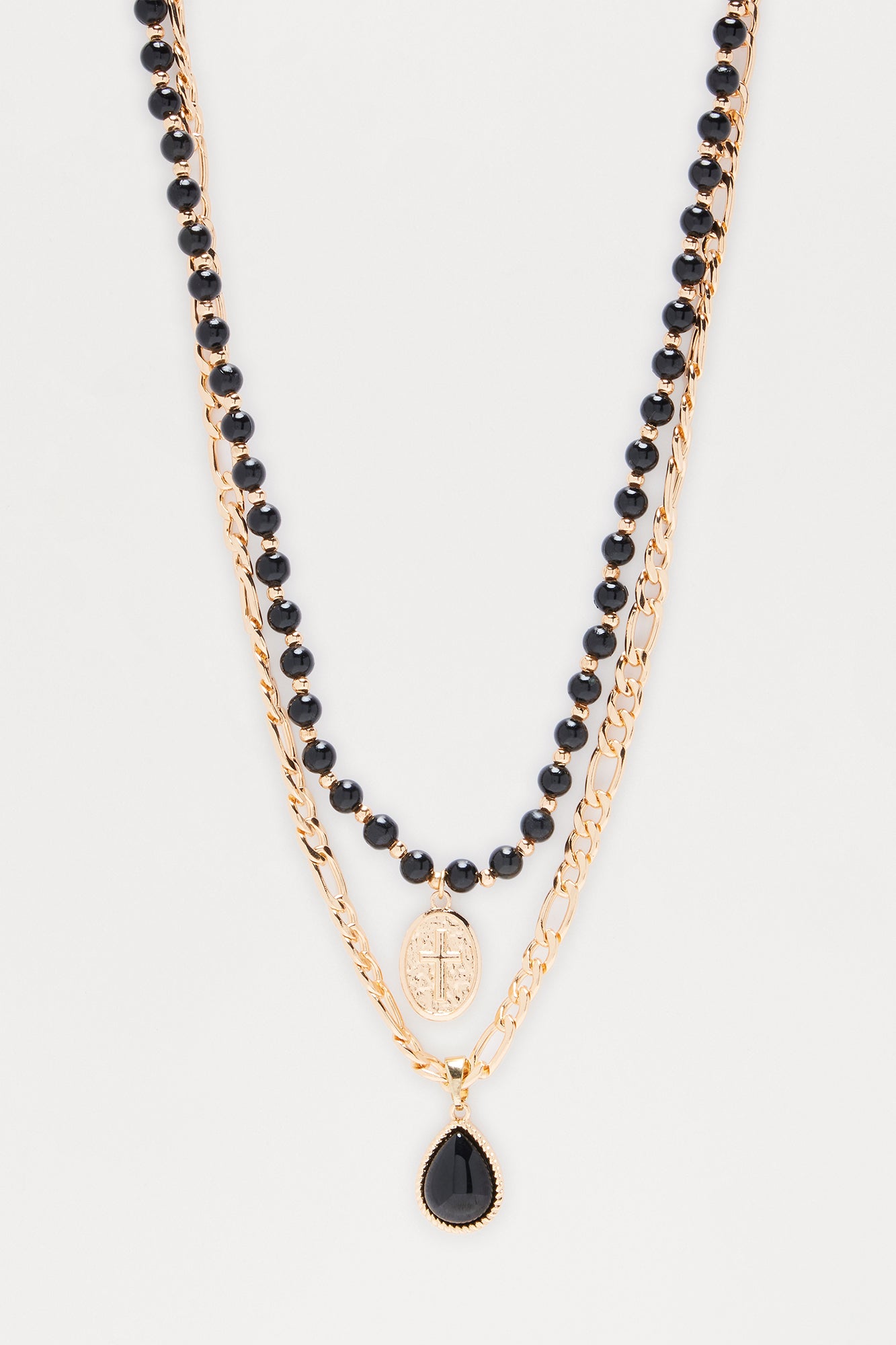 Vibe Check Beaded Cross Pendant Necklace Set - Gold/Black