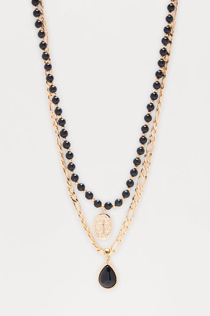 Vibe Check Beaded Cross Pendant Necklace Set - Gold/Black