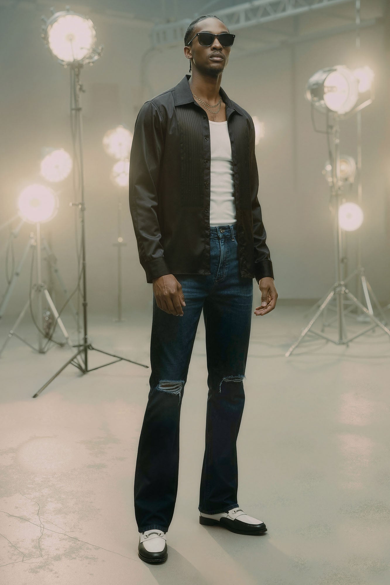 Stacked Skinny Flare Vacancy Distressed Jean - Vintage Blue Wash