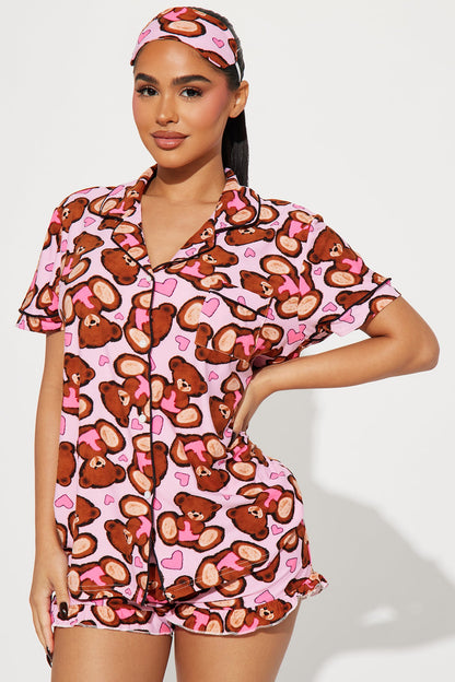 Love This Bed 3 Piece PJ Short Set - Pink/combo