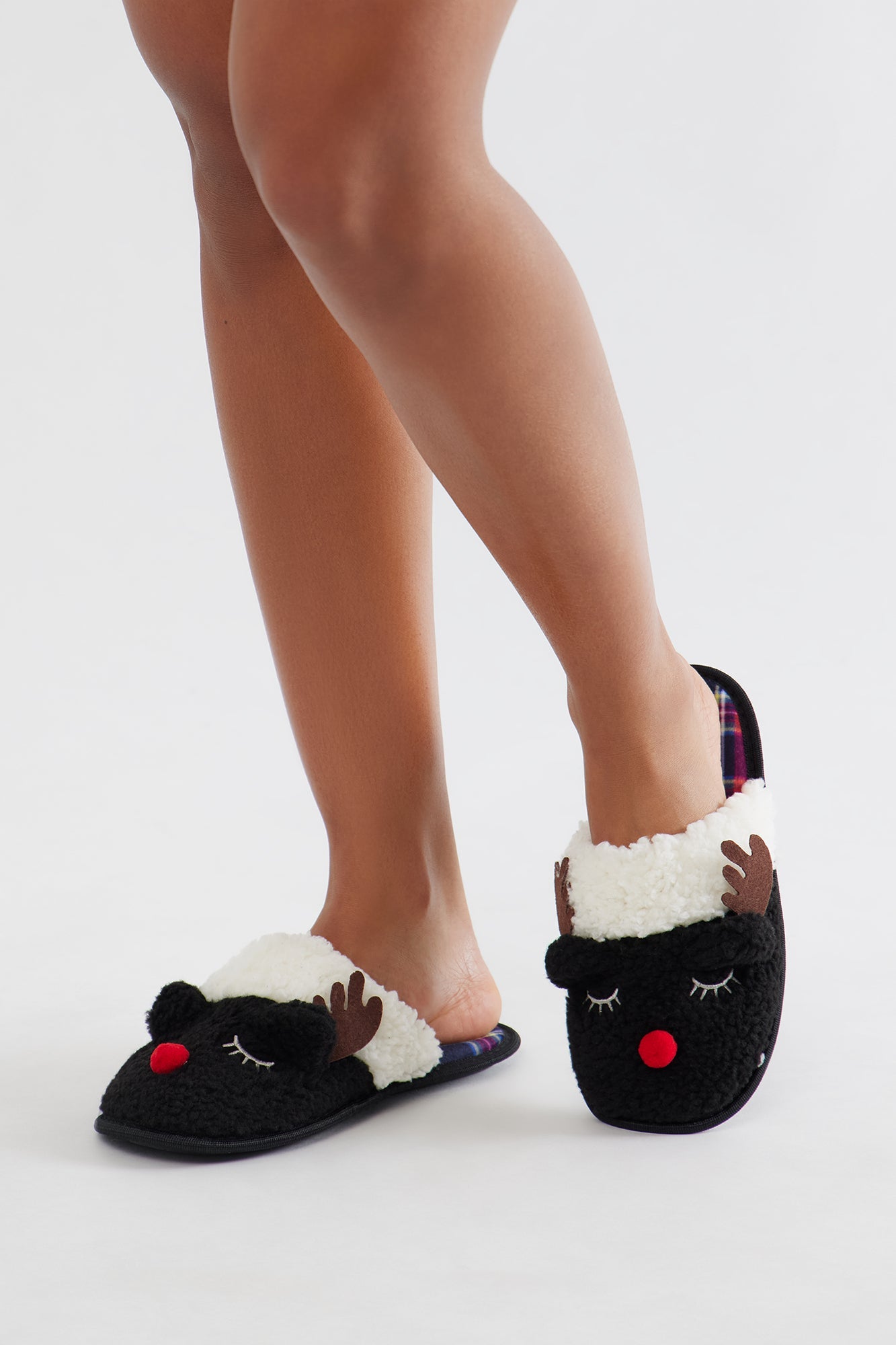 Jingle Reindeer Sherpa Slippers - Black