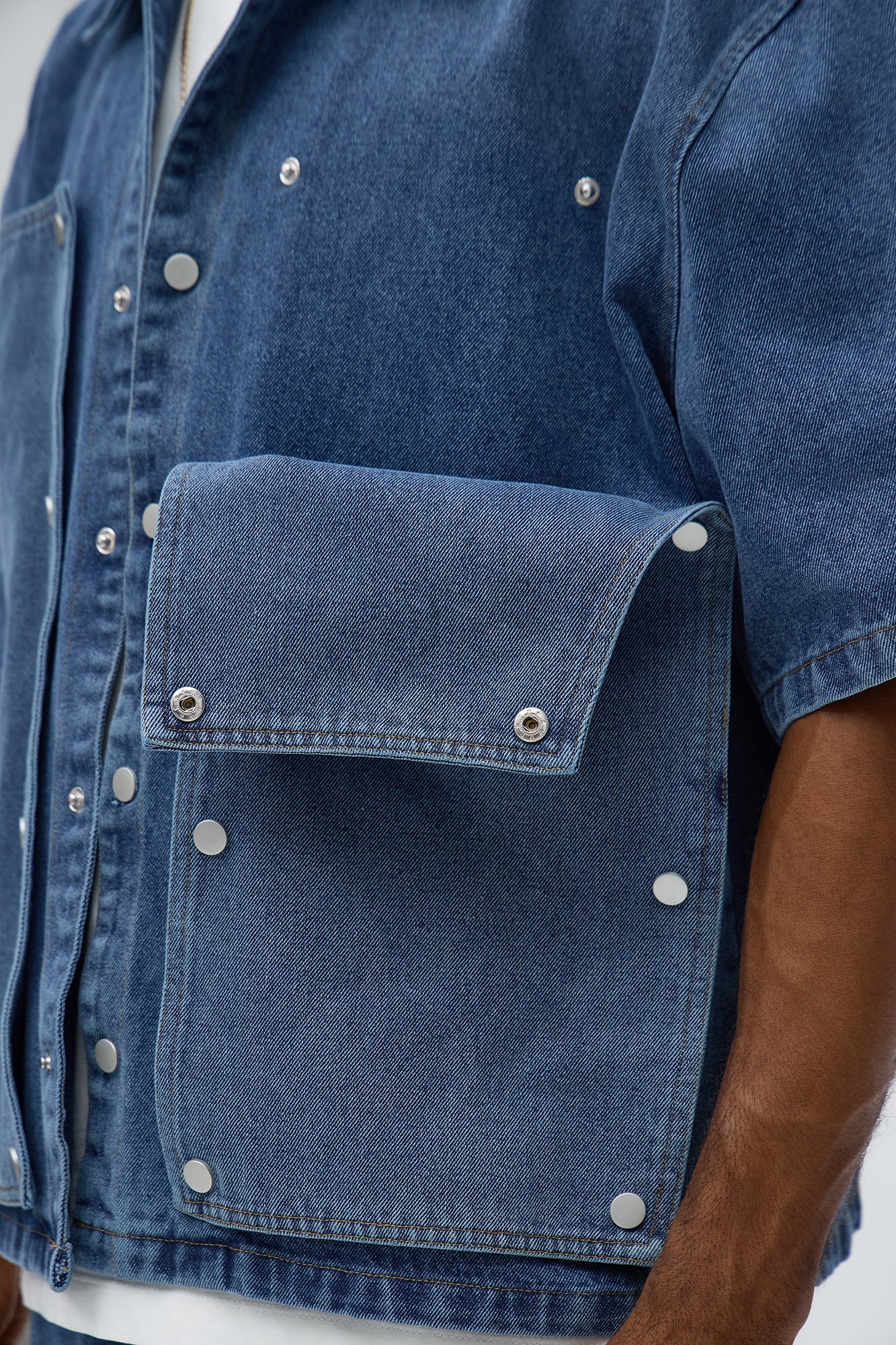 Boxy Utility Snap Panel Button Up Shirt - Dark Wash