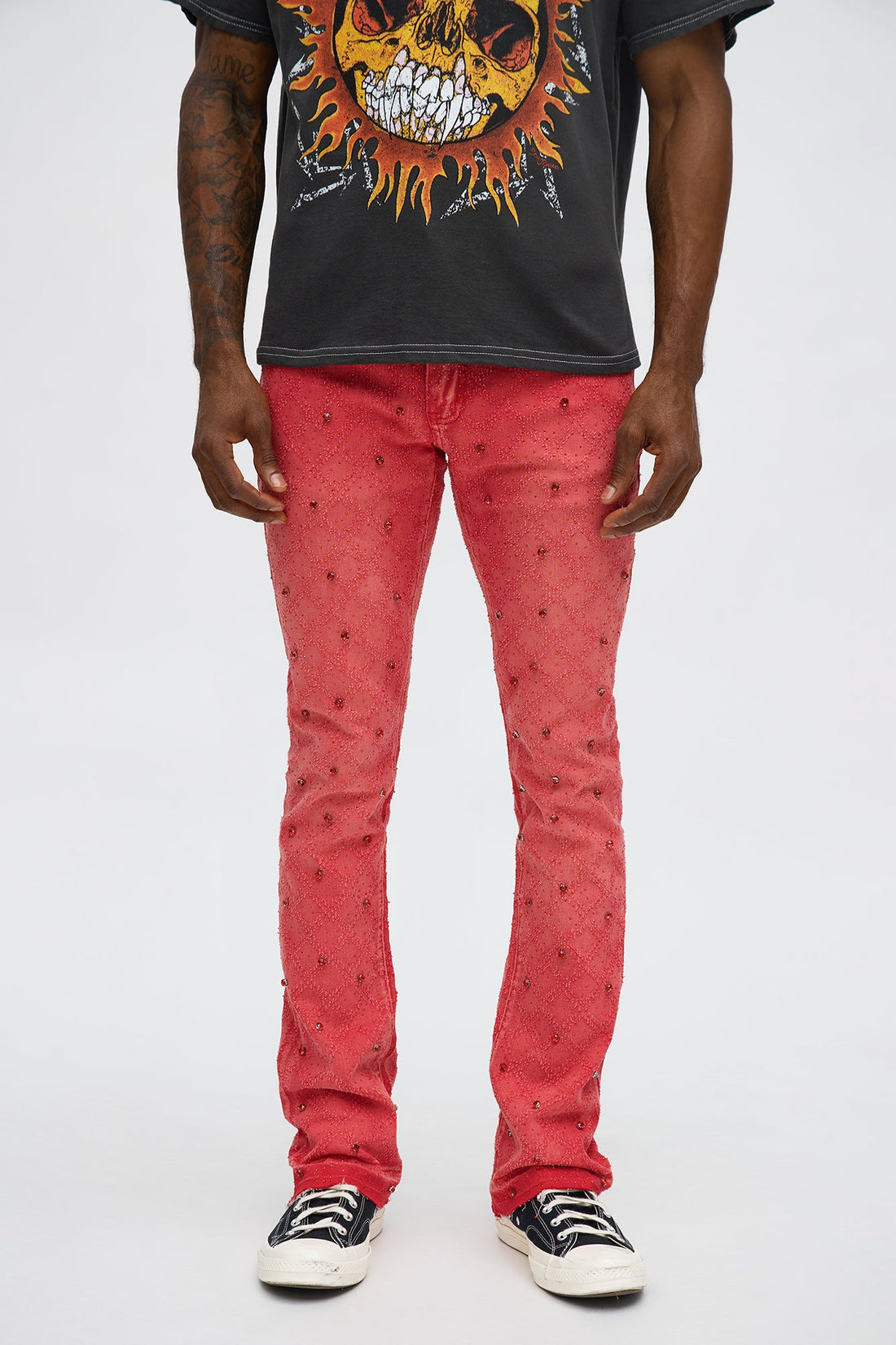 Stacked Slim Flare We WIldin In Bling Jean - Red