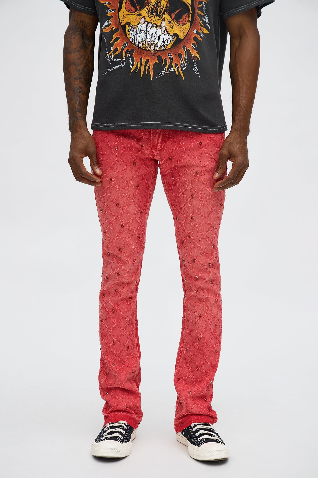 Stacked Slim Flare We WIldin In Bling Jean - Red