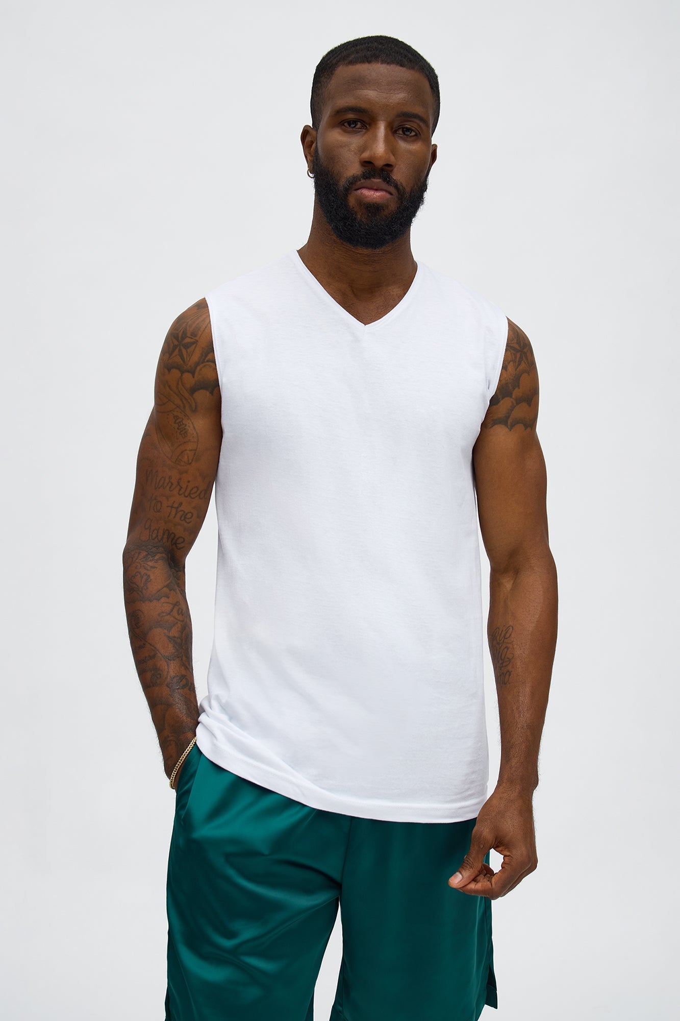 Sleeveless V Muscle Tee - White