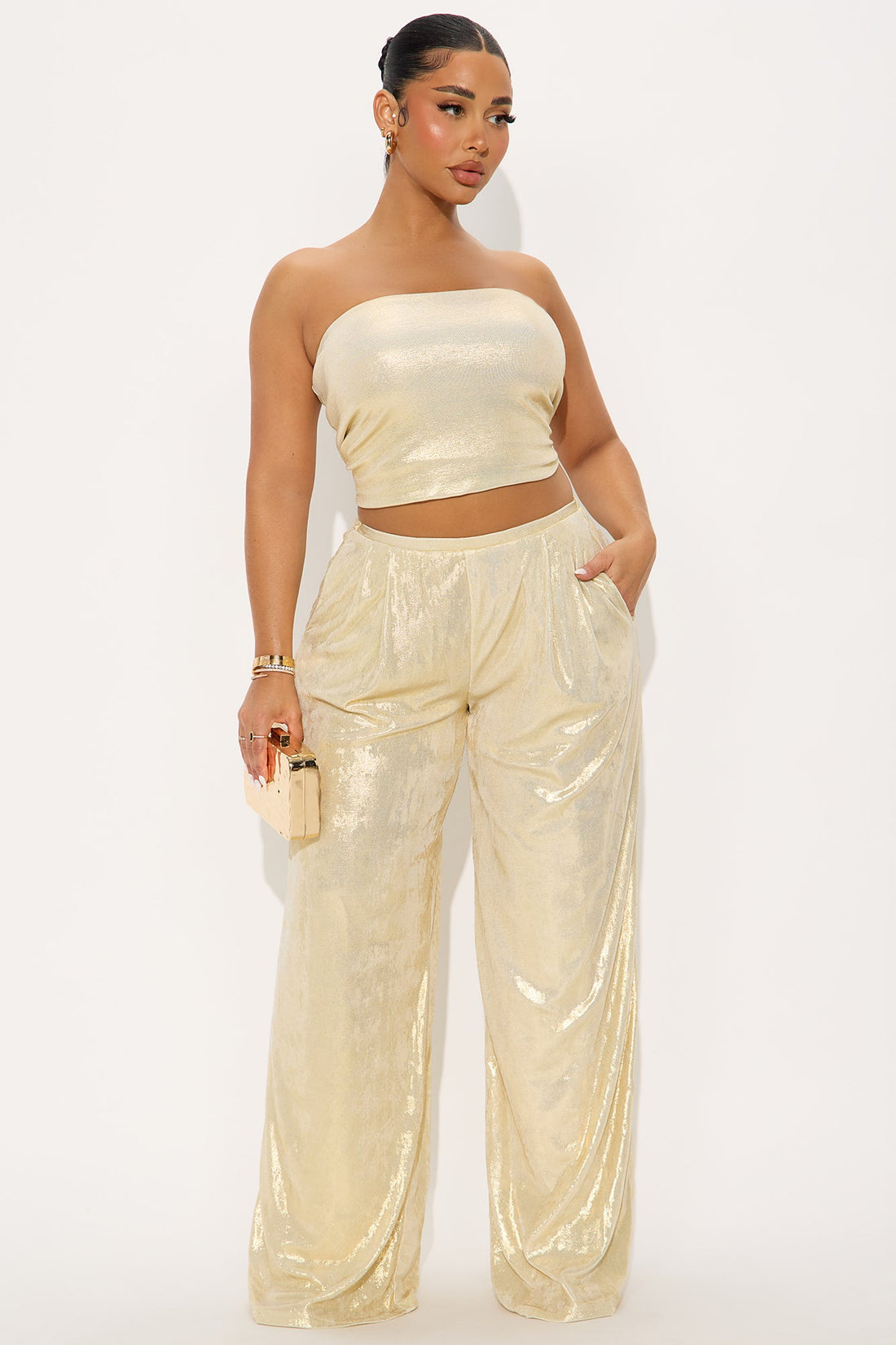 Luxe Aura Shimmer Wide Leg Pant 32″ - Gold