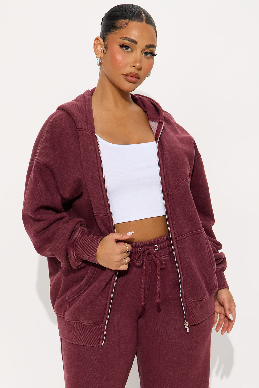 Kathleen Washed Fleece Lounge Zip Up Hoodie - Burgundy