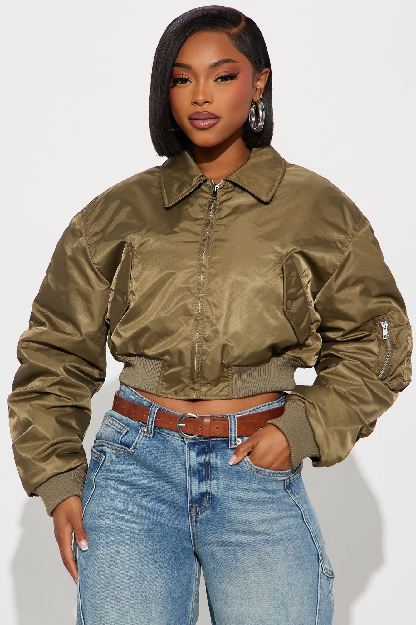 Cause A Scene Cropped Bomber Jacket - Olive