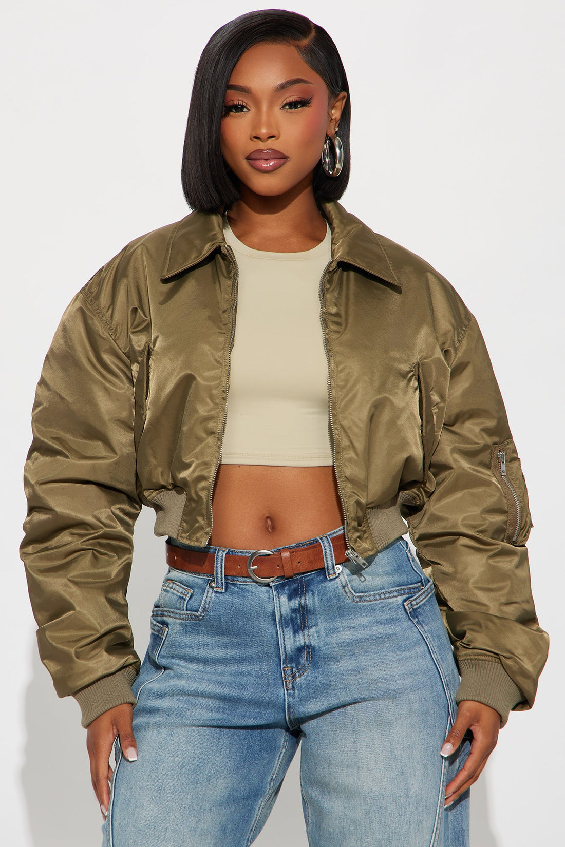 Cause A Scene Cropped Bomber Jacket - Olive
