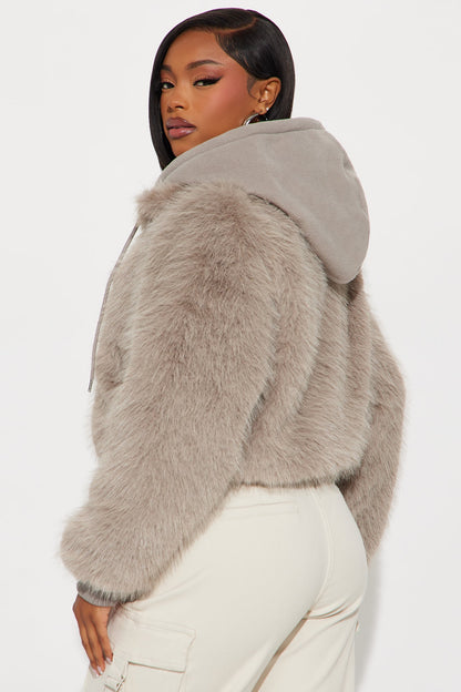 Cuddle Season Faux Fur Zip Up Hooded Coat - Grey