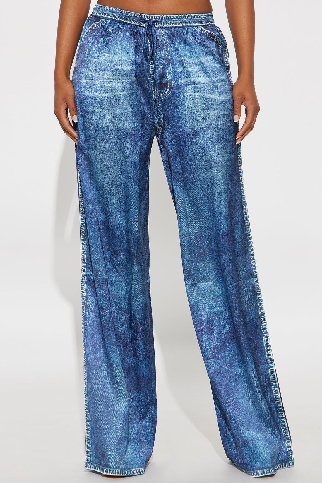 Out The Mix Denim Print Satin Pants - Blue