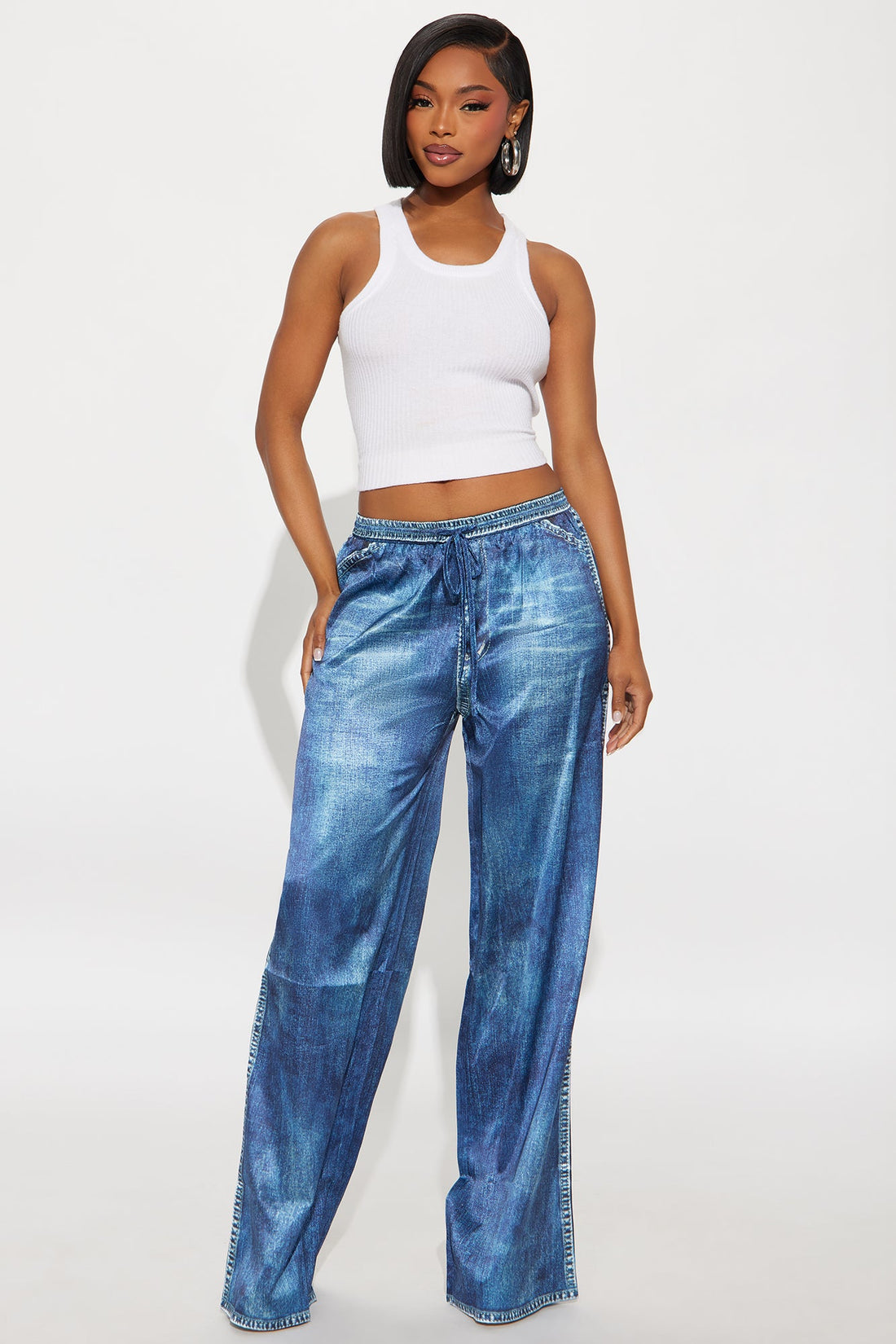 Out The Mix Denim Print Satin Pants - Blue