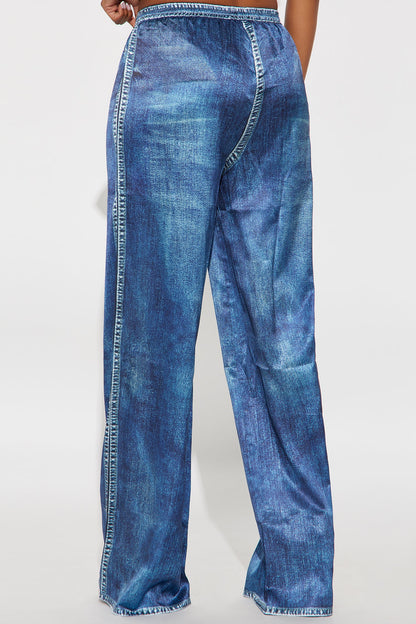 Out The Mix Denim Print Satin Pants - Blue