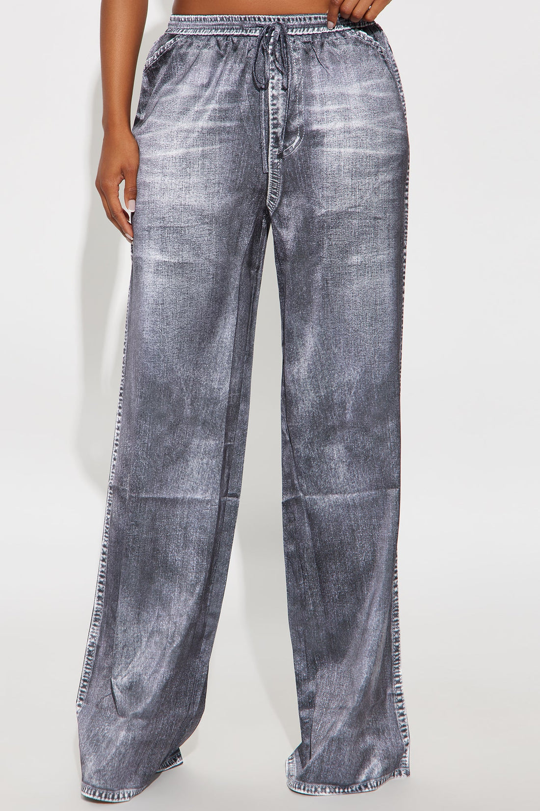 Out The Mix Denim Print Satin Pants - Grey