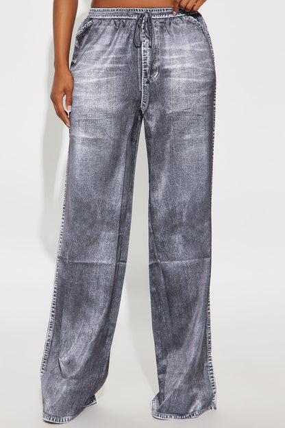 Out The Mix Denim Print Satin Pants - Grey