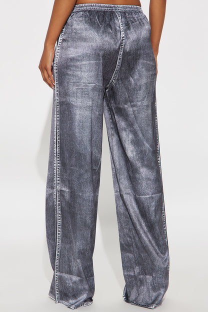 Out The Mix Denim Print Satin Pants - Grey