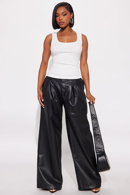 Mave Faux Leather Pleated Wide Leg Pant 32″ - Black