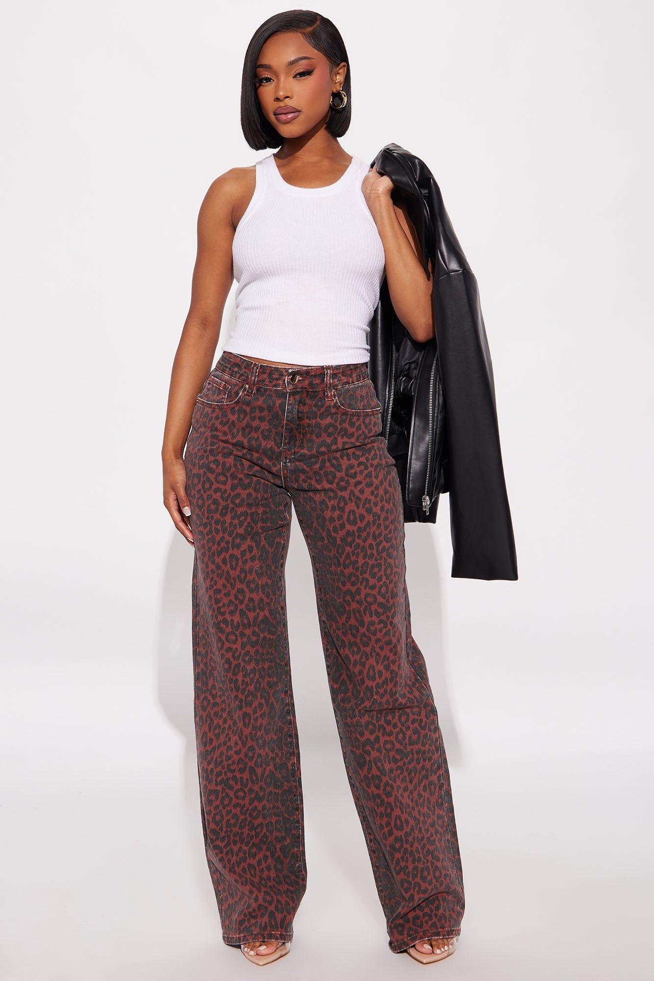 Fierce Attitude Leopard Print Wide Leg Jeans - Burgundy/combo