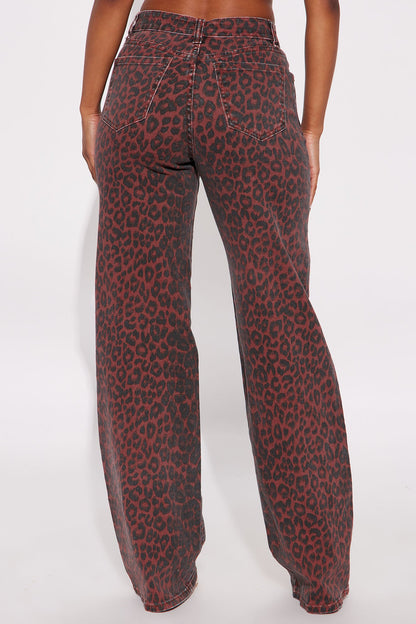 Fierce Attitude Leopard Print Wide Leg Jeans - Burgundy/combo