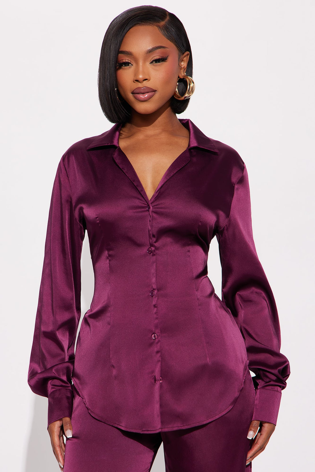 Sienna Fitted Satin Pant Set - Wine