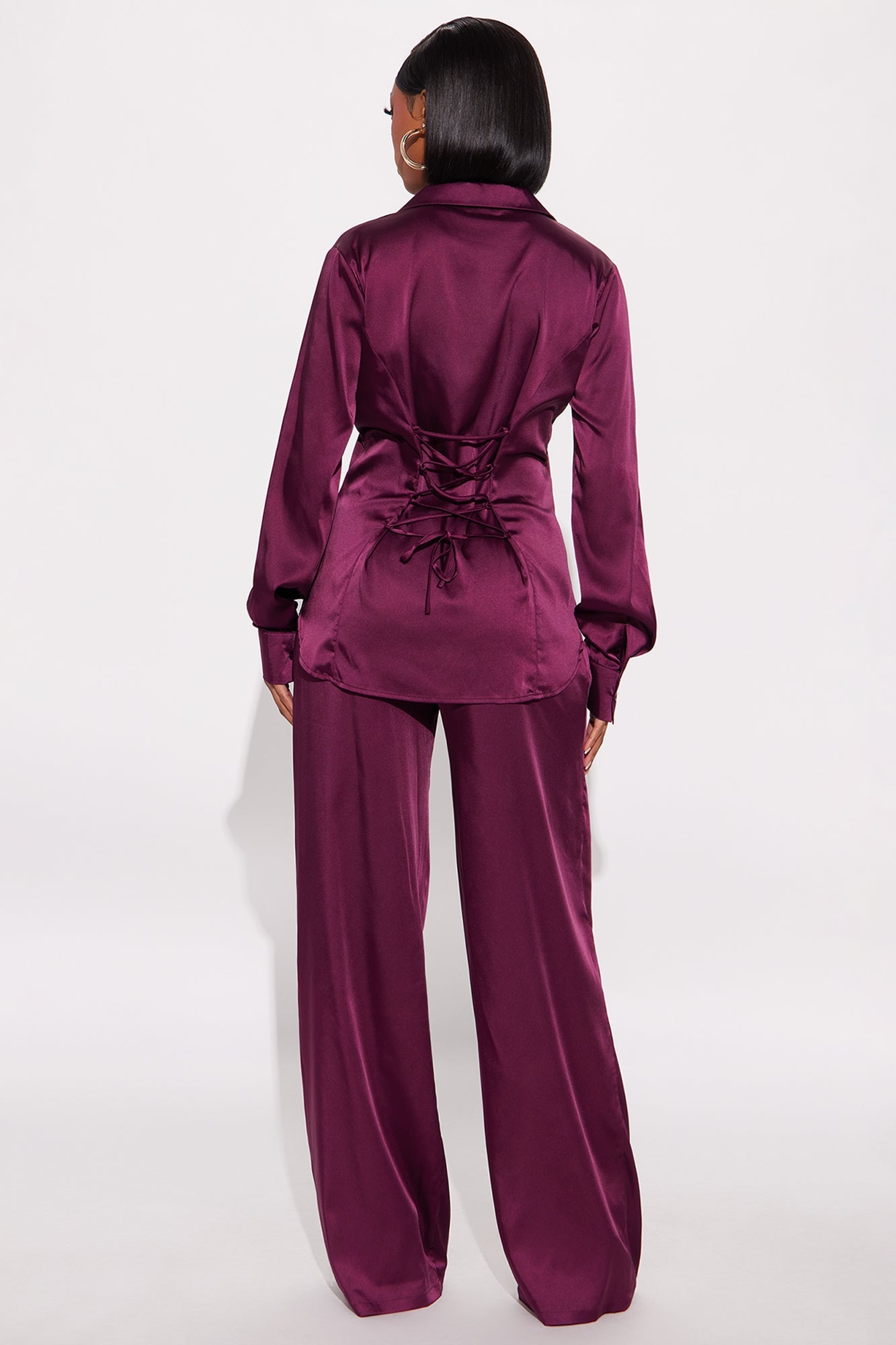 Sienna Fitted Satin Pant Set - Wine