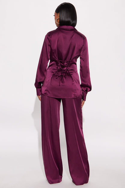 Sienna Fitted Satin Pant Set - Wine