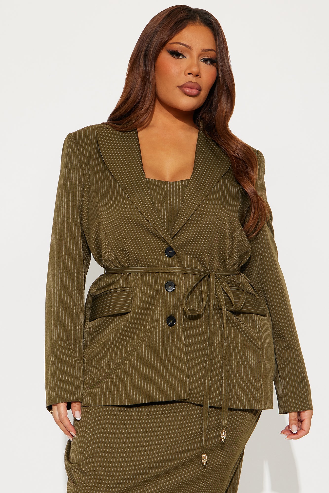 Piper Pinstripe Blazer &amp; Midi Dress Set - Olive