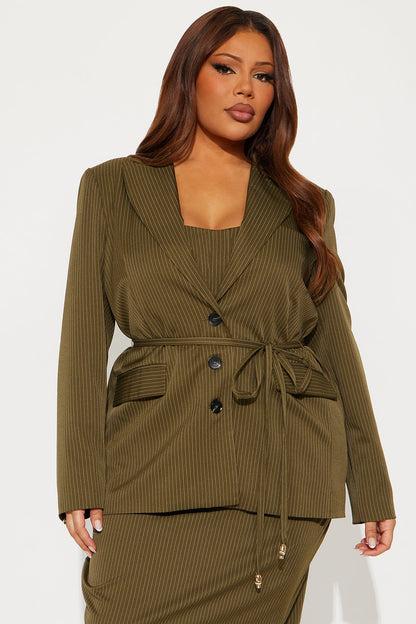 Piper Pinstripe Blazer &amp; Midi Dress Set - Olive