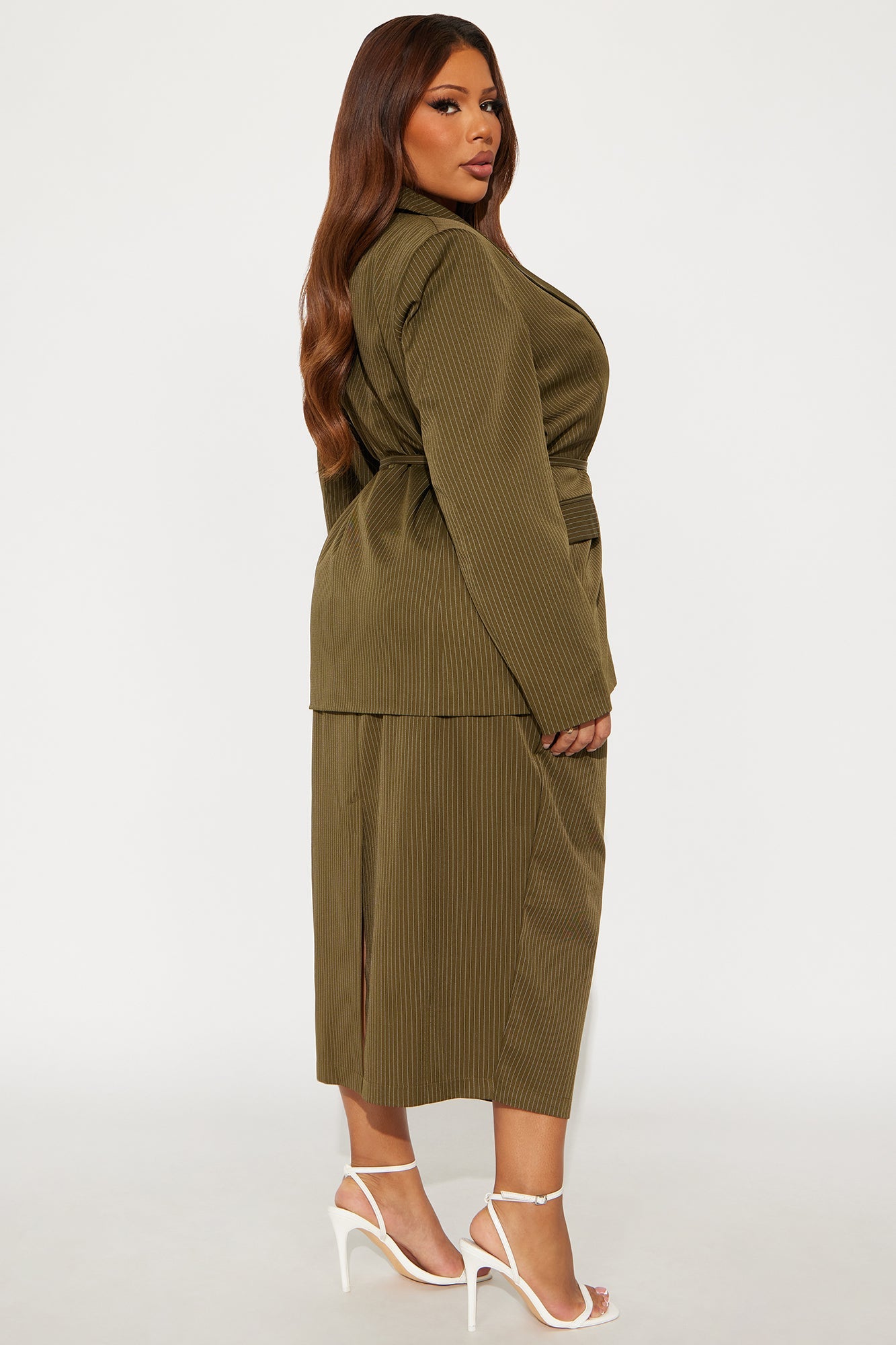 Piper Pinstripe Blazer &amp; Midi Dress Set - Olive