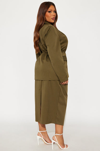Piper Pinstripe Blazer &amp; Midi Dress Set - Olive