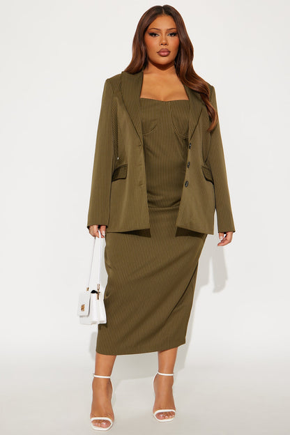 Piper Pinstripe Blazer &amp; Midi Dress Set - Olive