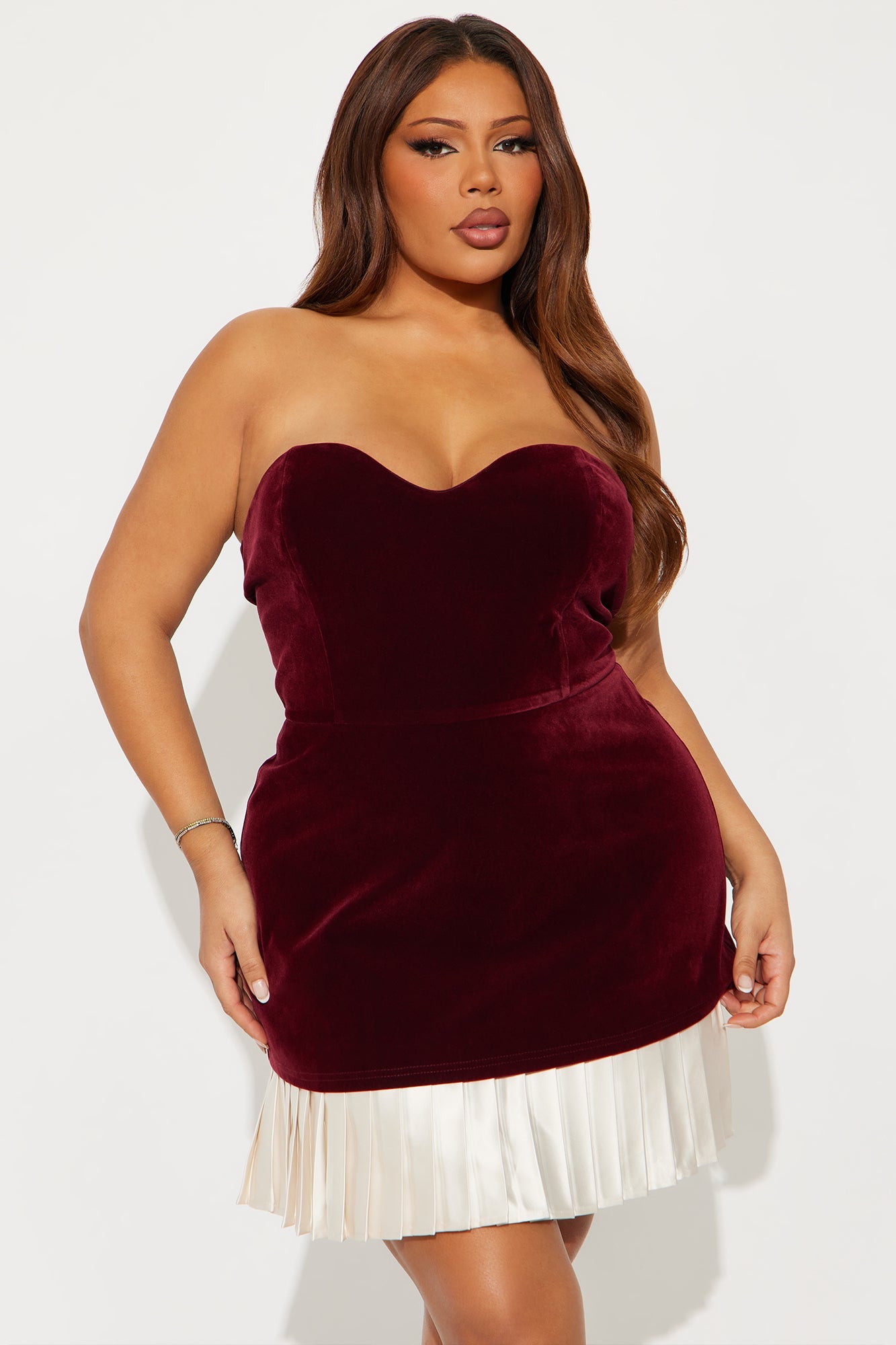 Mary Anne Pleated Velvet Mini Dress - Burgundy