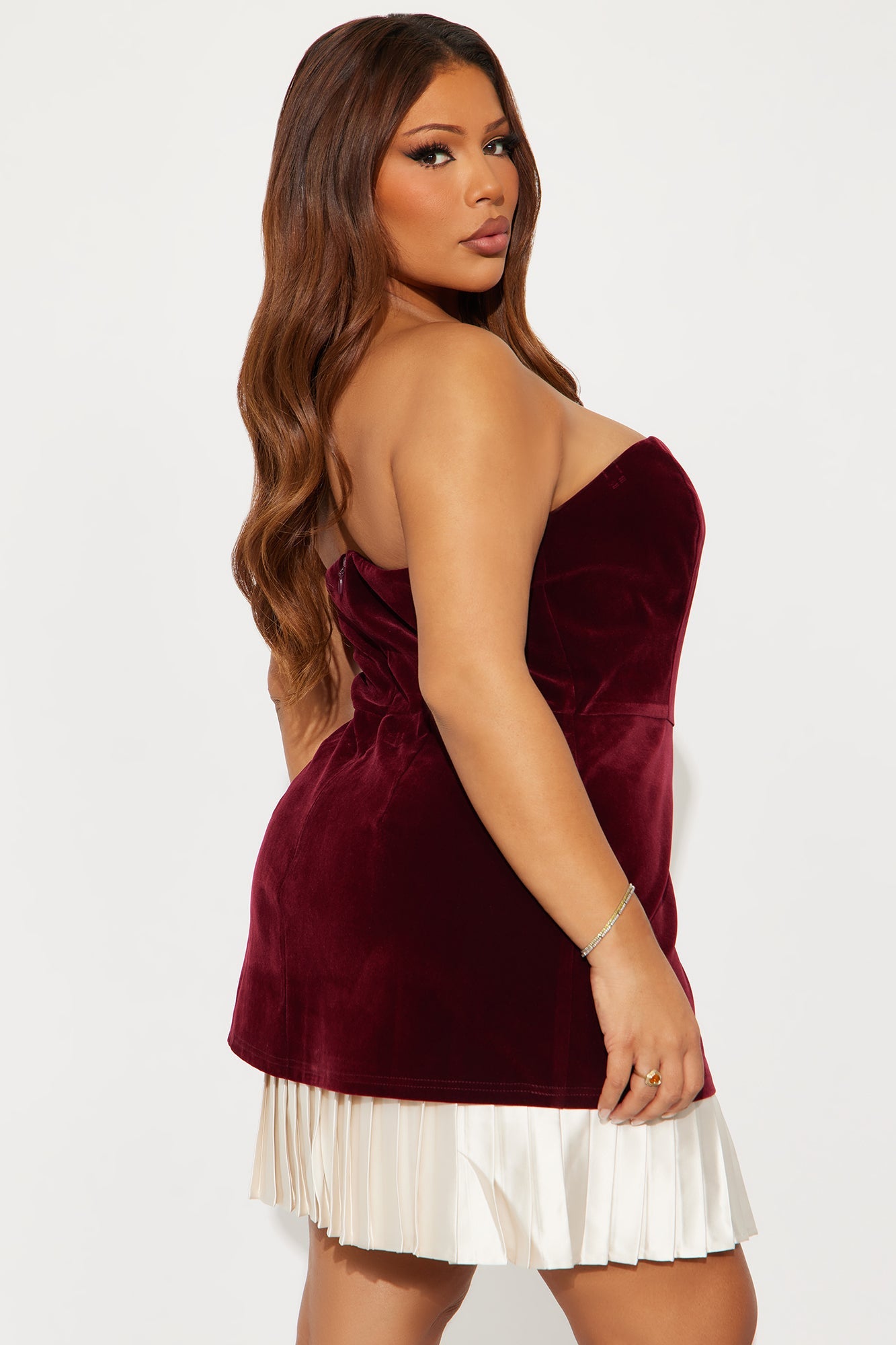 Mary Anne Pleated Velvet Mini Dress - Burgundy