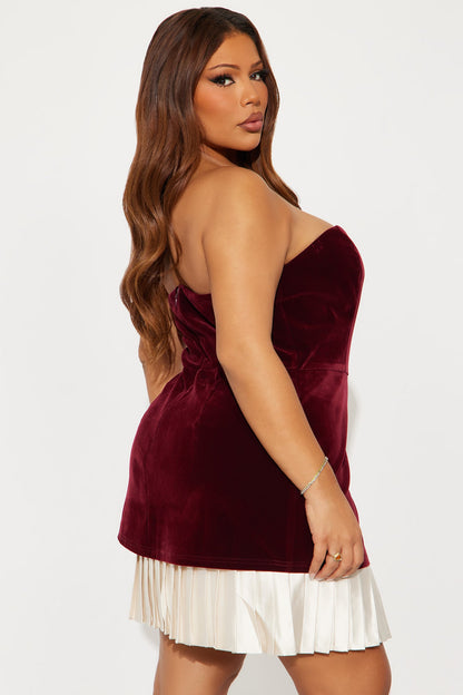 Mary Anne Pleated Velvet Mini Dress - Burgundy