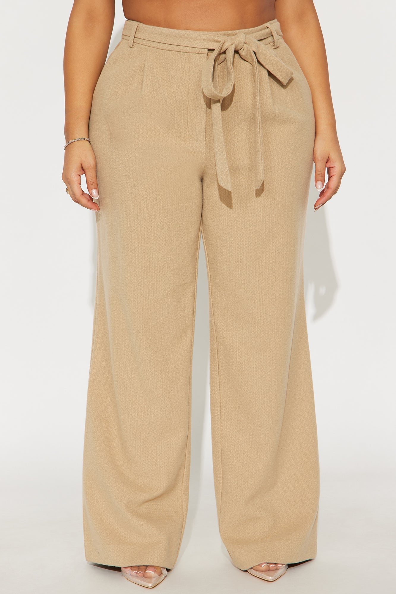 News Briefing Boucle Belted Wide Leg Pant 32″ - Taupe