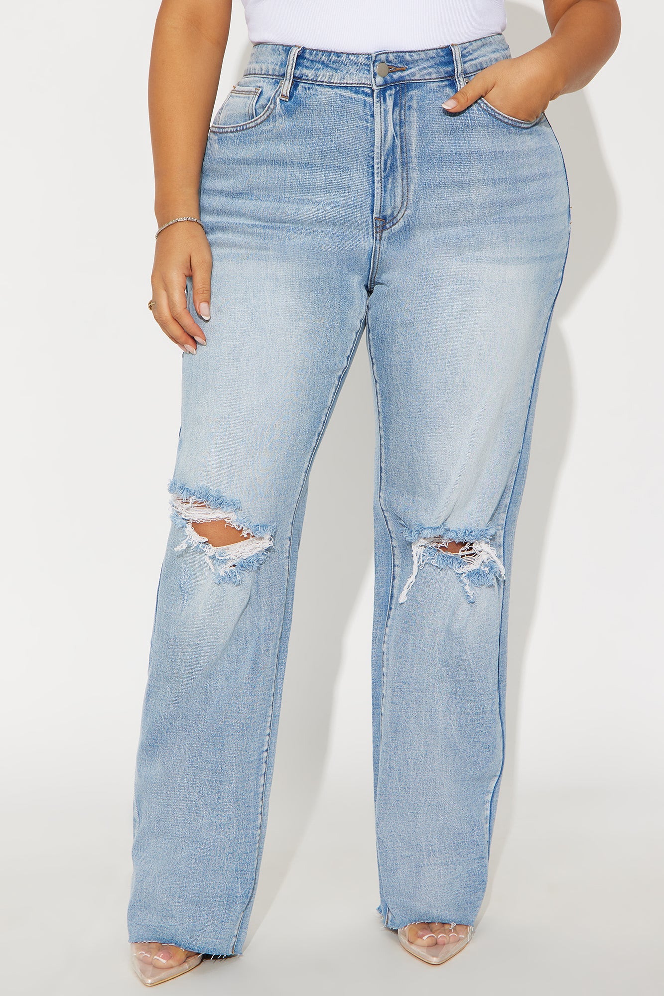 A Secret High Rise Ripped Stretch Straight Leg Jeans - Light Wash