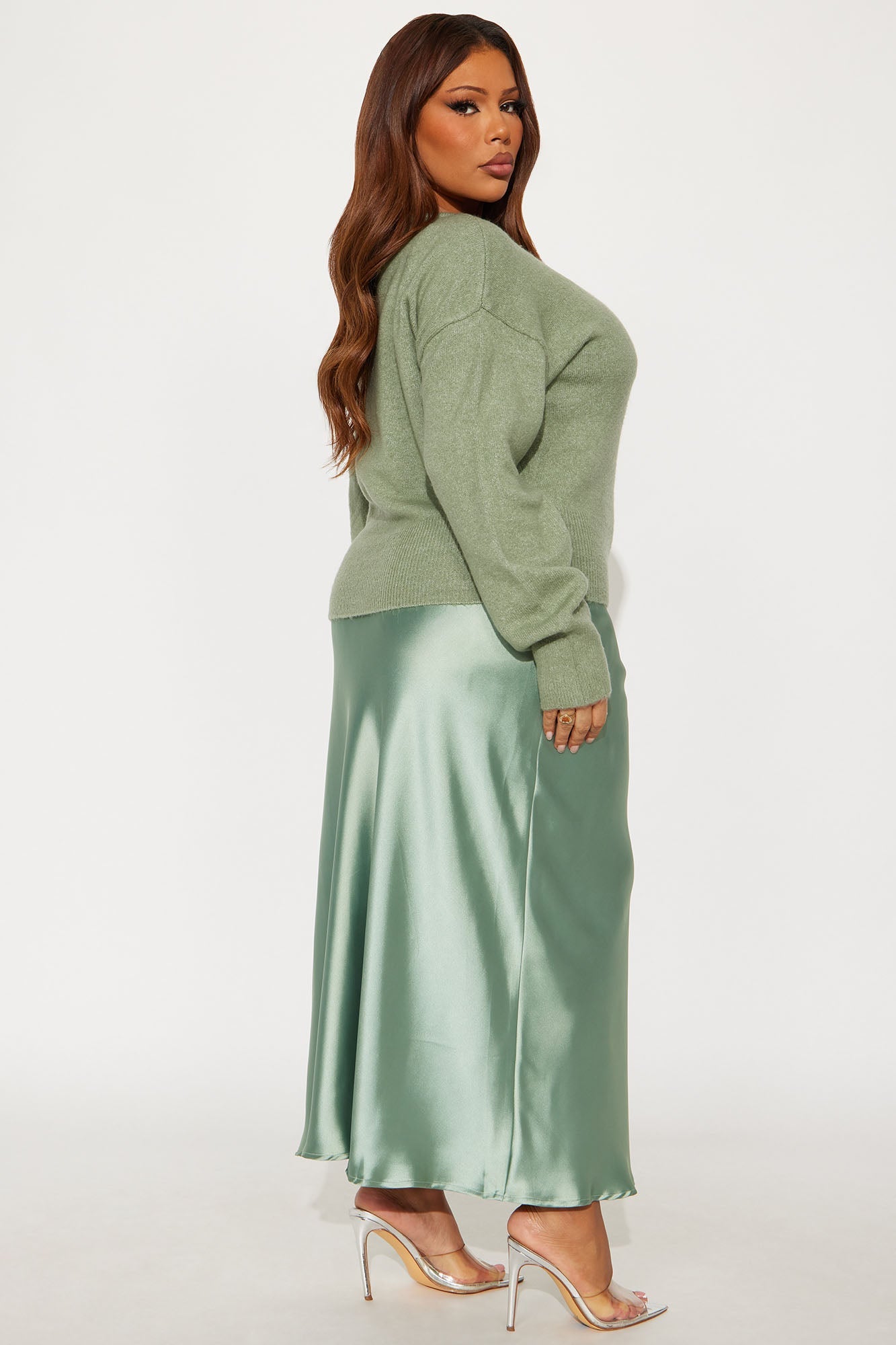 Warm Kiss Satin Sweater Maxi Dress Set - Sage