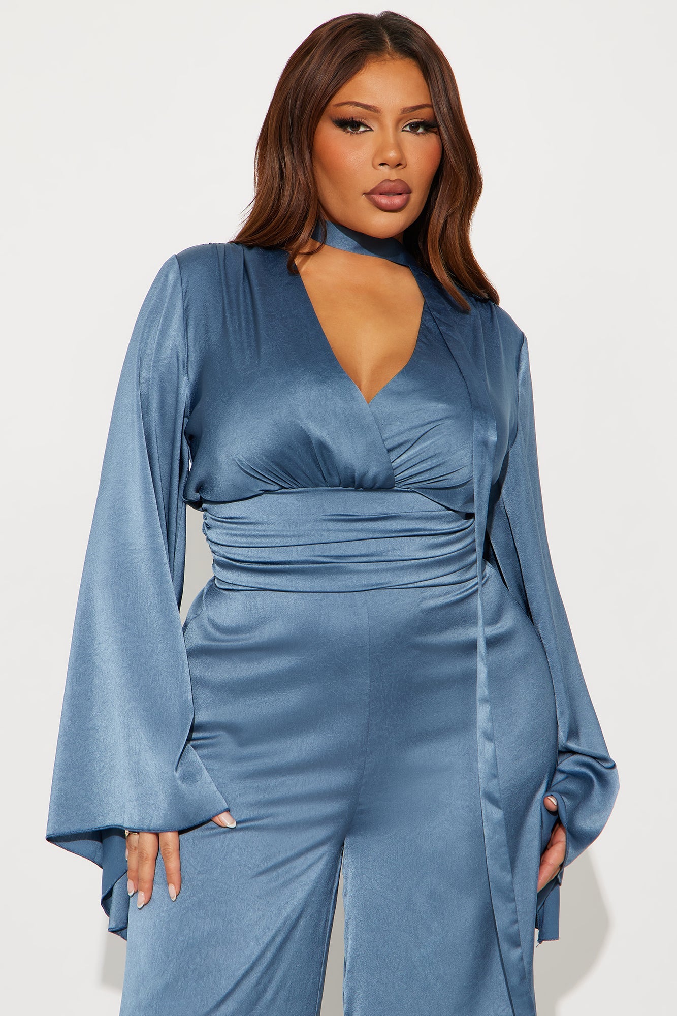 Ophelia Satin Wide Leg Cinched Waist Jumpsuit - Blue