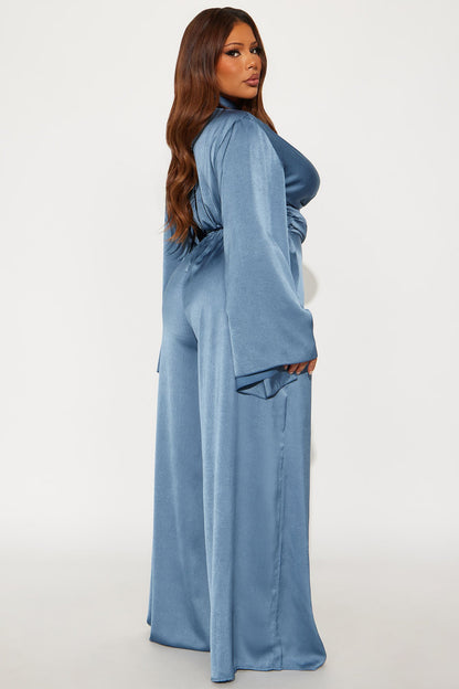 Ophelia Satin Wide Leg Cinched Waist Jumpsuit - Blue