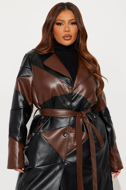 Living Proof Belted Faux Leather Coat - Brown/combo