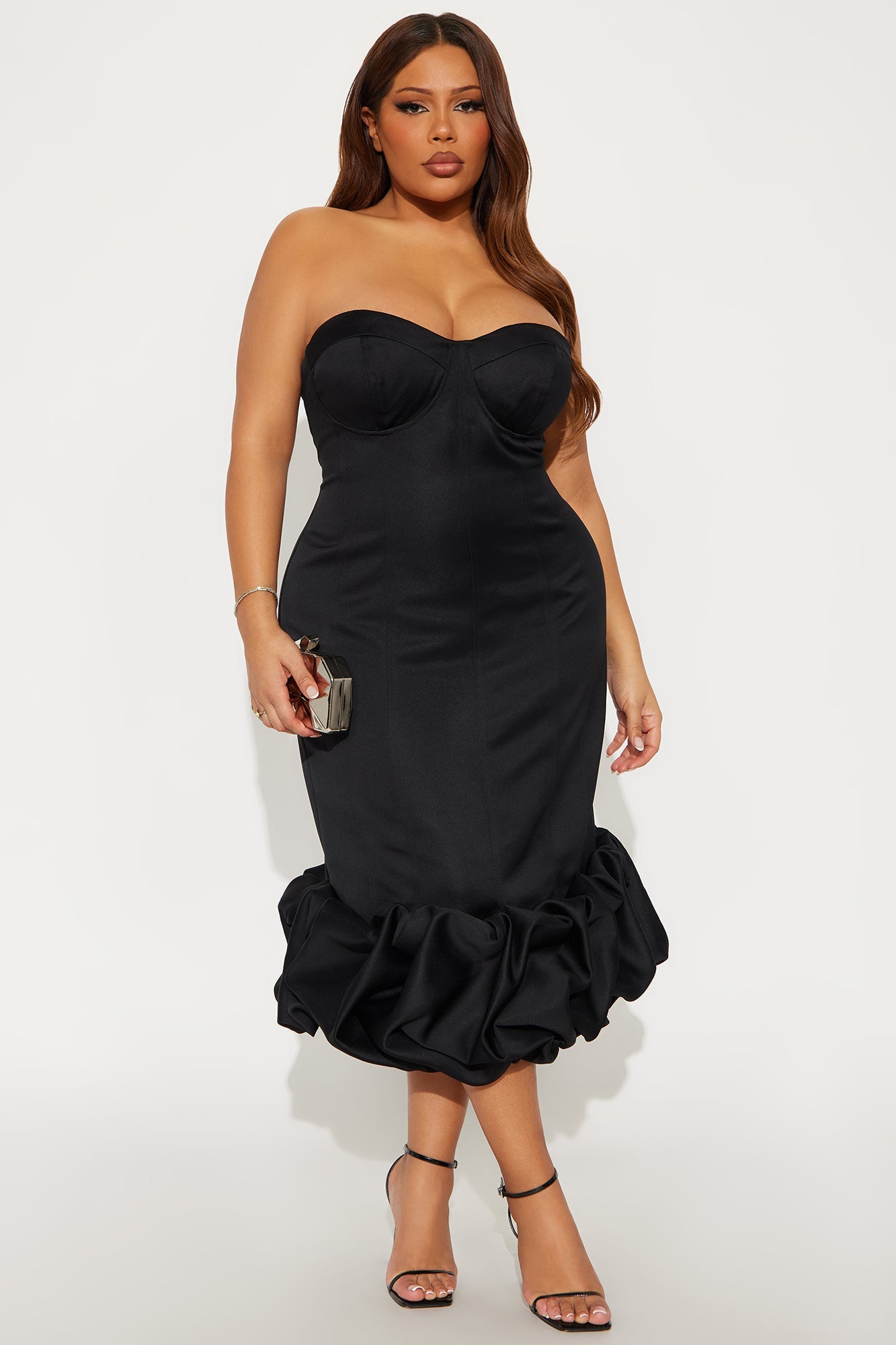 Sienna Strapless Satin Midi Dress - Black